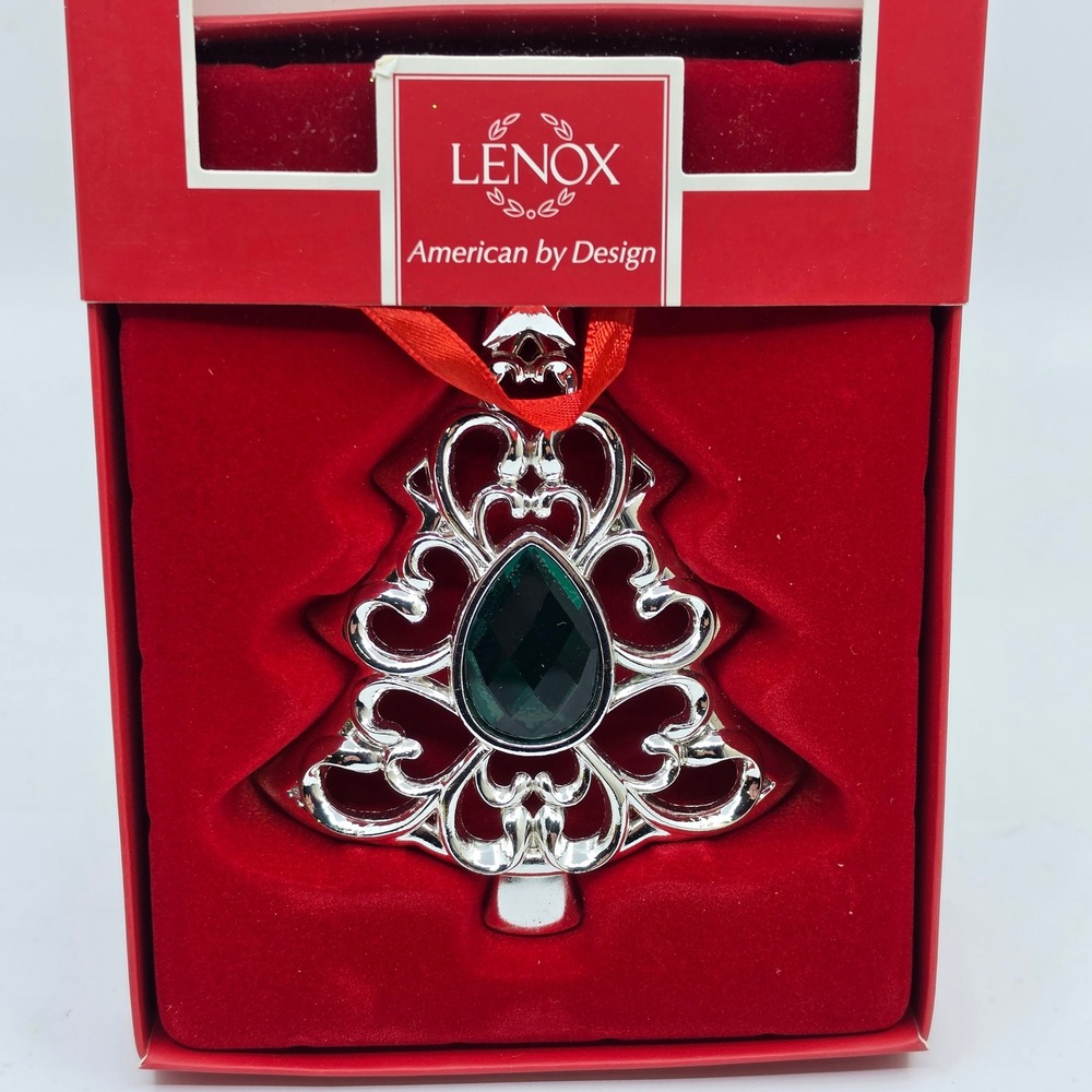 Lenox Gemmed Tree Ornament Silver Plated Green Gemstone 868115 4.5in